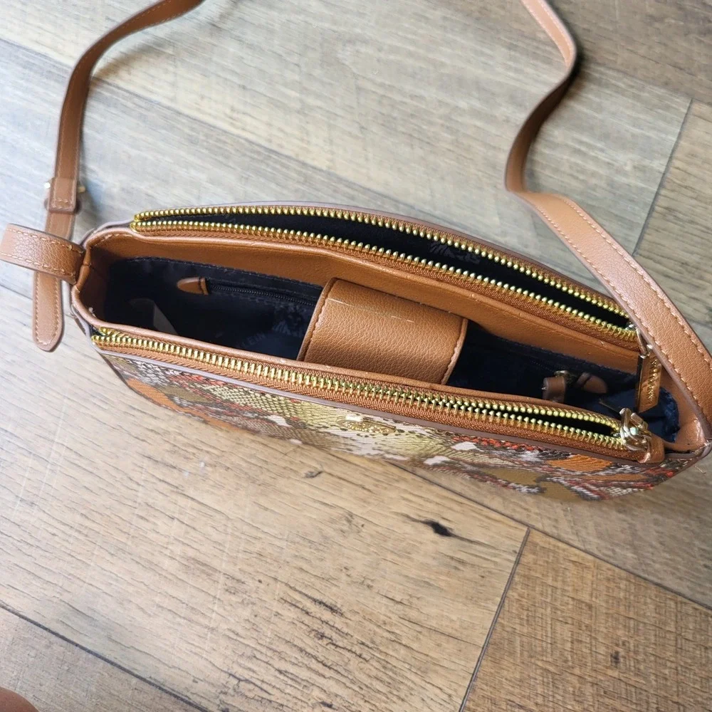 Anne Klein Multi Color Snakeskin Crossbody Bag Triple Compartment Brown Strap